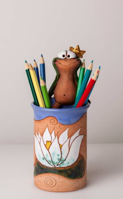 Handmade Ceramic Pen/Pencil Holder, Frog Design, Pencil Box With Fun Animals, Christmas Gift For Kids Organizing - image 1