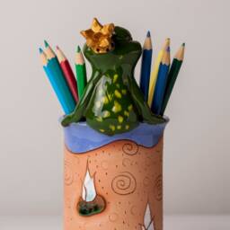 Handmade Ceramic Pen/Pencil Holder, Frog Design, Pencil Box With Fun Animals, Christmas Gift For Kids Organizing - thumbnail 2