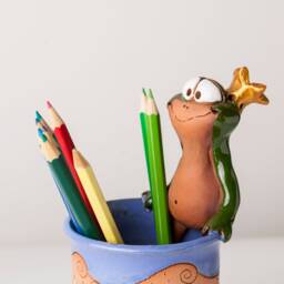 Handmade Ceramic Pen/Pencil Holder, Frog Design, Pencil Box With Fun Animals, Christmas Gift For Kids Organizing - thumbnail 4