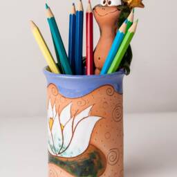 Handmade Ceramic Pen/Pencil Holder, Frog Design, Pencil Box With Fun Animals, Christmas Gift For Kids Organizing - thumbnail 3