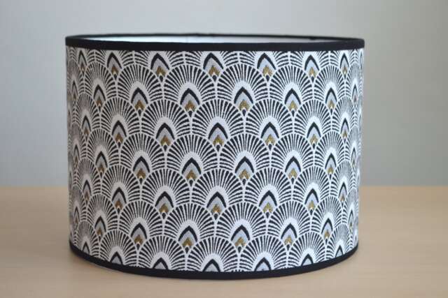 Japanese Fan Cotton Fabric Lampshade in Black, White & Gold, For Table Lamp, Pendant Black Art Deco - image 1