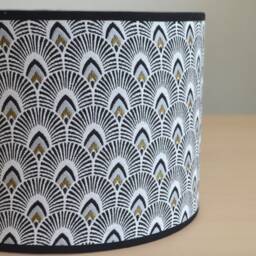 Japanese Fan Cotton Fabric Lampshade in Black, White & Gold, For Table Lamp, Pendant Black Art Deco - thumbnail 3