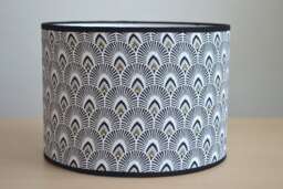 Japanese Fan Cotton Fabric Lampshade in Black, White & Gold, For Table Lamp, Pendant Black Art Deco - thumbnail 1