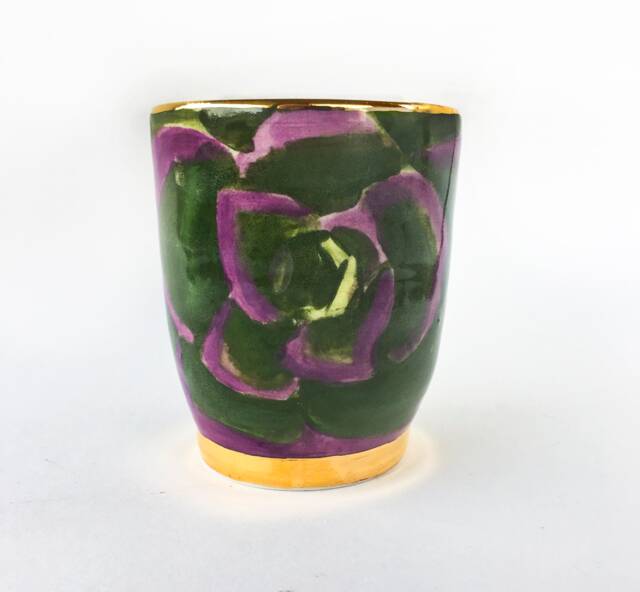 Ceramic Vase With Hand Painted Succulents & 22K Gold Rim Foot - Modern Mud - image 1