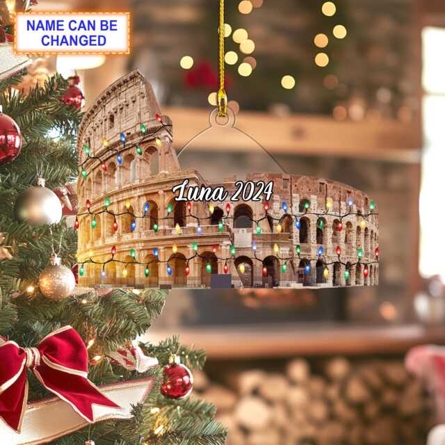 Custom Name Colosseum With Christmas Lights Personalized Ornament, Tree Hanging Decor, 2D Flat Ornament - image 1