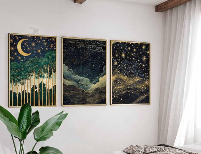 William Morris Set Of 3 Posters, Gold Decor, Print, Moon Poster, Night Sky Art, Botanical Floral Bedroom Art - image 1
