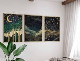 William Morris Set Of 3 Posters, Gold Decor, Print, Moon Poster, Night Sky Art, Botanical Floral Bedroom Art - thumbnail 1