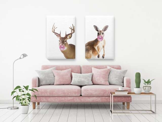 Kangaroo With Gum. Cute Animal Canvas Wall Art. Animals Set. Painting Housewarming Gifts Ideas. Deer Chewing Kids Set Of 2 - image 1