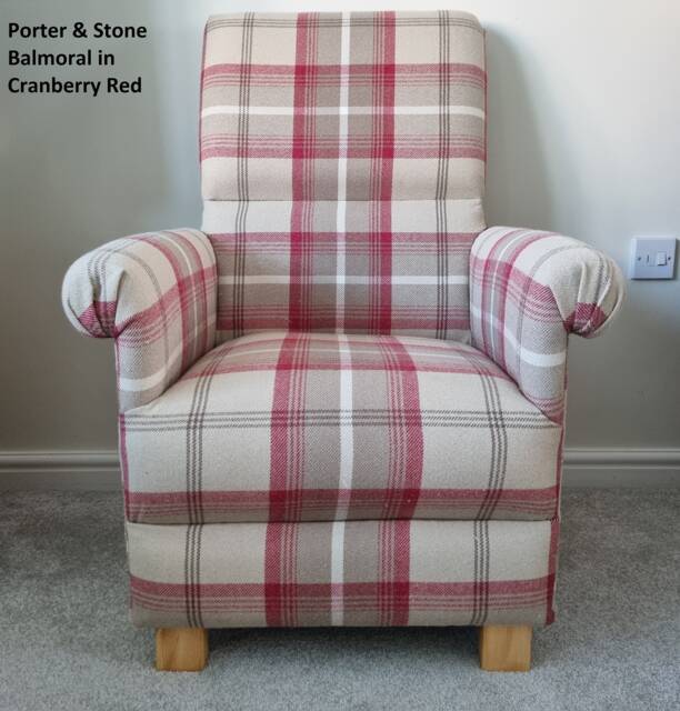 Handcrafted Adult Tartan Check Armchair Porter & Stone Balmoral Fabric Red Blue Grey Chair Scottish Scotland Gingham Checked Small Accent - image 1