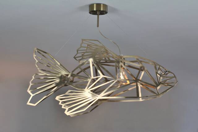 Gold Ceiling Light, Fishmetrics, Unique Design, Stainless Steel, Fish Designer Lighting, Geomeric Lamp Pendant - image 1