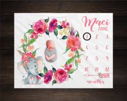 Pink Floral Baby Elephant Milestone Blanket, Safari Shower Gift, Keepsake Girl Wreath Blanket