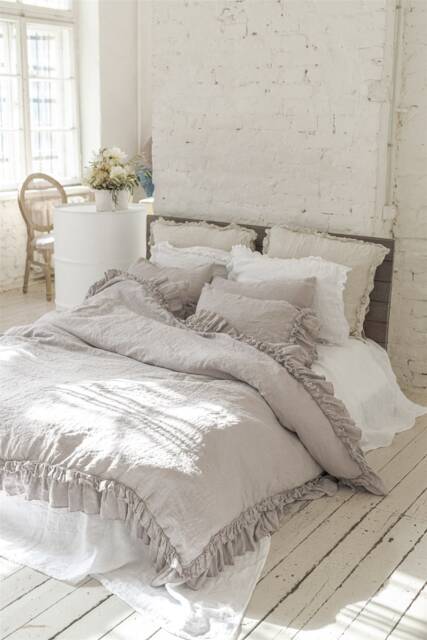 Linen Sheets Set With Ruffles. 4 Pieces-Flat Ruffled, Fitted Sheet & Two Ruffled Pillowcases.french Linen Set Made By Mooshop New - image 1