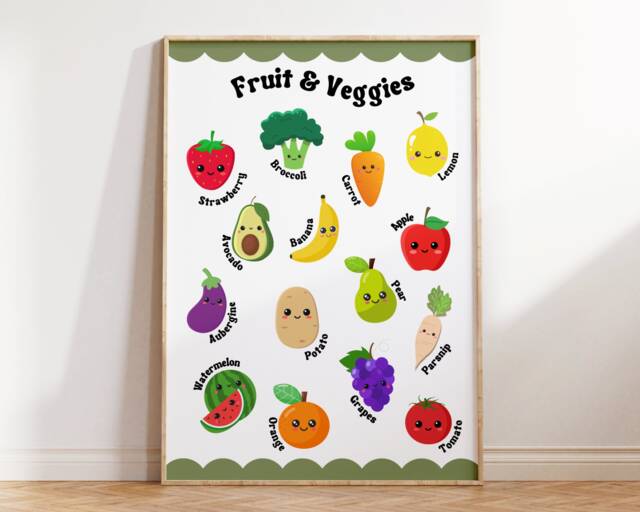 Kids Educational Fruit & Veg Poster - Children's Wall Art 5 A Day Cute Veggies Playroom Decor Bedroom Nursery Prints Learning Ed - image 1