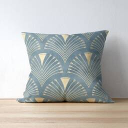 Art Deco Pillow Cover - Pure Cotton Twill Print Fabric Gatsby Vintage Fan Peacock Design Silver Gray Blue & Gold Decorative Cushion - thumbnail 3