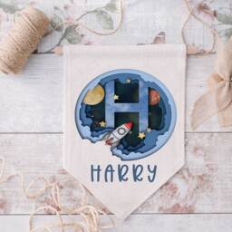 Personalised Alphabet Space Pennant Flag, Themed Boys Gift, Bedroom Wall Hanging, Rocket & Planets Gift - thumbnail 1