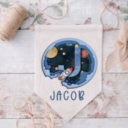 Personalised Alphabet Space Pennant Flag, Themed Boys Gift, Bedroom Wall Hanging, Rocket & Planets Gift - thumbnail 3