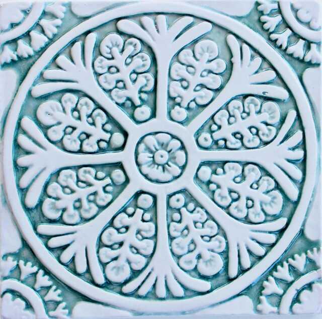 Floral Ceramic Tile Wall Art Suzani Inspired Aqua Decor - 20cm/7.9 - image 1