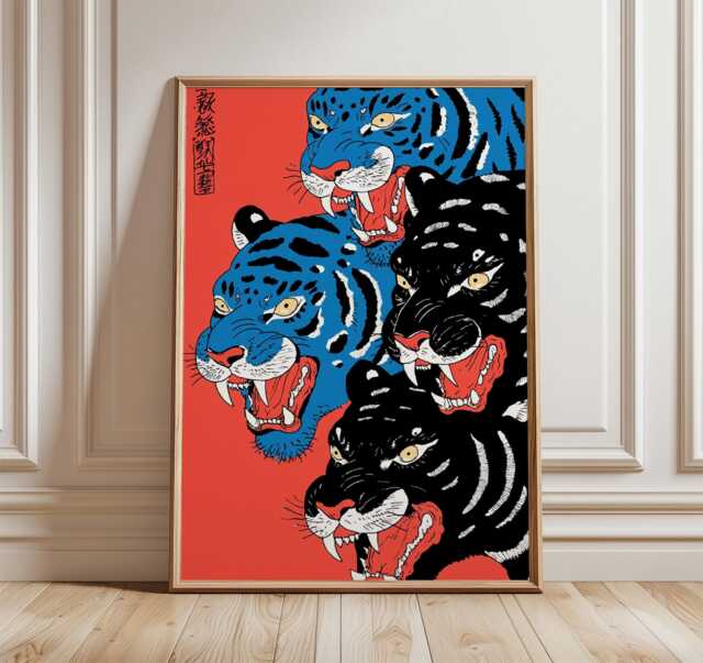 Japanese Tiger Art Print, Bold Red Blue Wall Poster, Vintage Ukiyo-E Style Animal Illustration - image 1