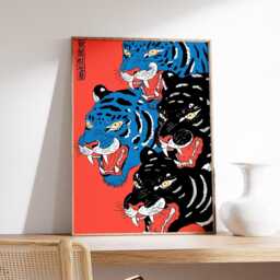 Japanese Tiger Art Print, Bold Red Blue Wall Poster, Vintage Ukiyo-E Style Animal Illustration - thumbnail 2