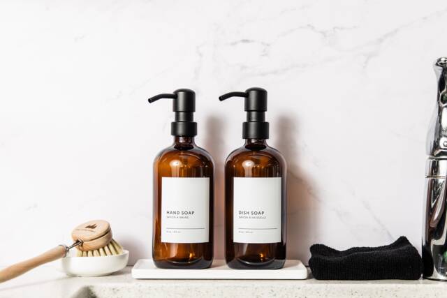 Amber Glass Soap Dispenser Bottle With Metal Pump, Custom Label - image 1