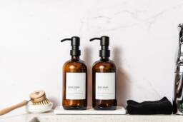 Amber Glass Soap Dispenser Bottle With Metal Pump, Custom Label - thumbnail 1