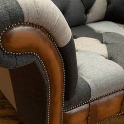 Unique British Handmade 1.5 Seater Grey Patchwork Chesterfield Snuggle Armchair - Antique Tan Leather Facings - thumbnail 4