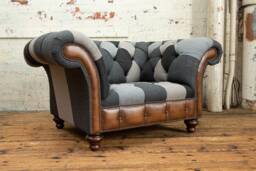 Unique British Handmade 1.5 Seater Grey Patchwork Chesterfield Snuggle Armchair - Antique Tan Leather Facings - thumbnail 1