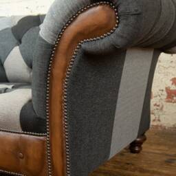 Unique British Handmade 1.5 Seater Grey Patchwork Chesterfield Snuggle Armchair - Antique Tan Leather Facings - thumbnail 3