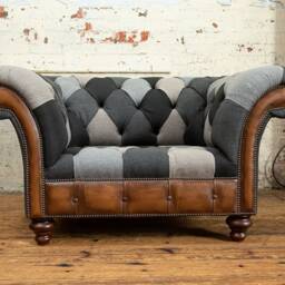 Unique British Handmade 1.5 Seater Grey Patchwork Chesterfield Snuggle Armchair - Antique Tan Leather Facings - thumbnail 2
