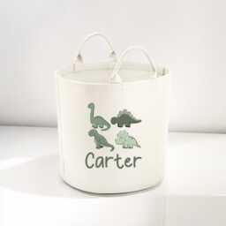 Personalised Dinosaur Toy Storage, Tub, Storage Basket, Box, Baby Shower Gift, Baby Nursery, Blanket Green Dinosaurs Any Text - thumbnail 1