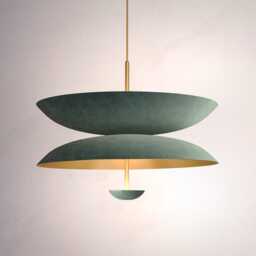 Mid Century Pendant Light - 1950's 3 Flush Mount Fixture Cosmic Duo Regolith in Brushed Brass Vintage Ceiling Chandelier - thumbnail 1