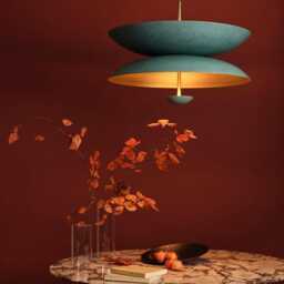 Mid Century Pendant Light - 1950's 3 Flush Mount Fixture Cosmic Duo Regolith in Brushed Brass Vintage Ceiling Chandelier - thumbnail 2