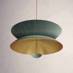 Mid Century Pendant Light - 1950's 3 Flush Mount Fixture Cosmic Duo Regolith in Brushed Brass Vintage Ceiling Chandelier - thumbnail 3