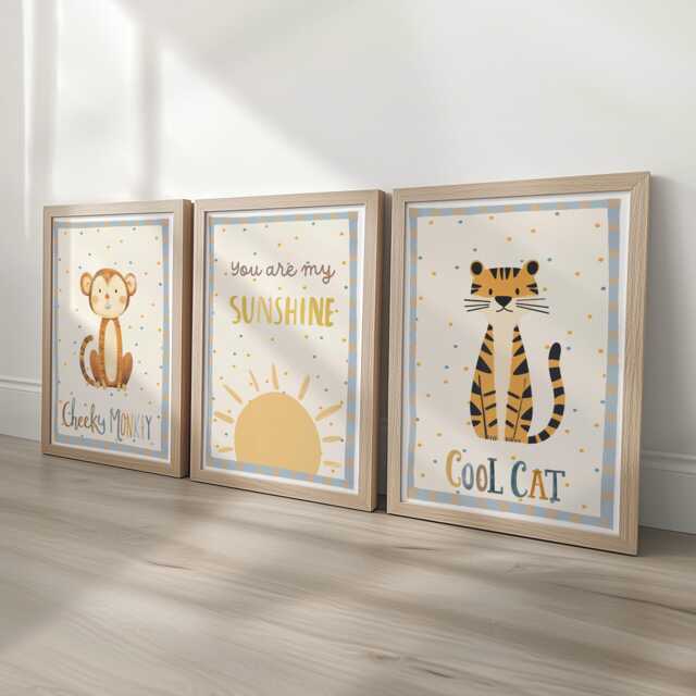 Playful Nursery Wall Art Set Of 3, Cheeky Monkey, Tiger & Sunshine Prints in Blue Yellow, Kids Room Decor, Framed Or Unframed A5 - A2 - image 1