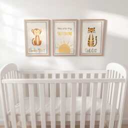 Playful Nursery Wall Art Set Of 3, Cheeky Monkey, Tiger & Sunshine Prints in Blue Yellow, Kids Room Decor, Framed Or Unframed A5 - A2 - thumbnail 3
