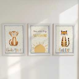 Playful Nursery Wall Art Set Of 3, Cheeky Monkey, Tiger & Sunshine Prints in Blue Yellow, Kids Room Decor, Framed Or Unframed A5 - A2 - thumbnail 2