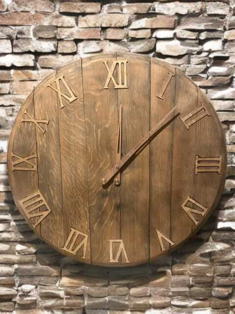 Rustic Oak Whisky Barrel Lid Wall Clock, With Black Number, Treated in Danish Oil , Hook To Hang, Option Personalise See Pics Large 66cm - image 1
