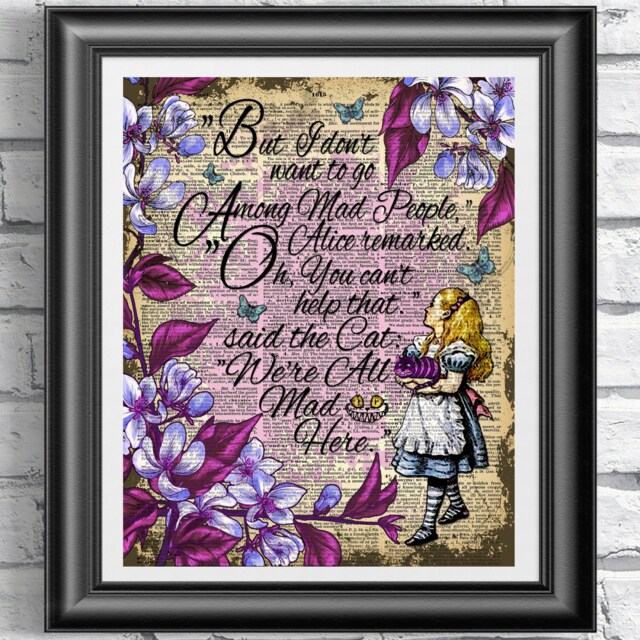Alice in Wonderland Book Page Print. Art Print On Antique Dictionary Cheshire Cat Quote. Wall Decor Poster Art Purple - image 1