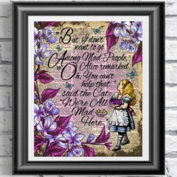 Alice in Wonderland Book Page Print. Art Print On Antique Dictionary Cheshire Cat Quote. Wall Decor Poster Art Purple - thumbnail 1