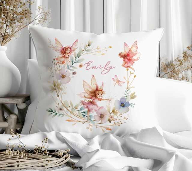 Personalized Fairy Wreath Cushion Cover Custom Name Basket Nursery Kids Bedroom Pillow Gift - image 1