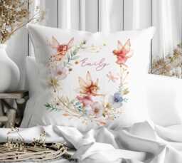 Personalized Fairy Wreath Cushion Cover Custom Name Basket Nursery Kids Bedroom Pillow Gift - thumbnail 1