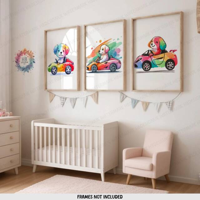 Dog Nursery Wall Art - Set Of 3 Kids Prints - Vehicle Decor Car Poster Kid Labrador Print Transport Posters Boy Girl Bedroom Artwork - image 1