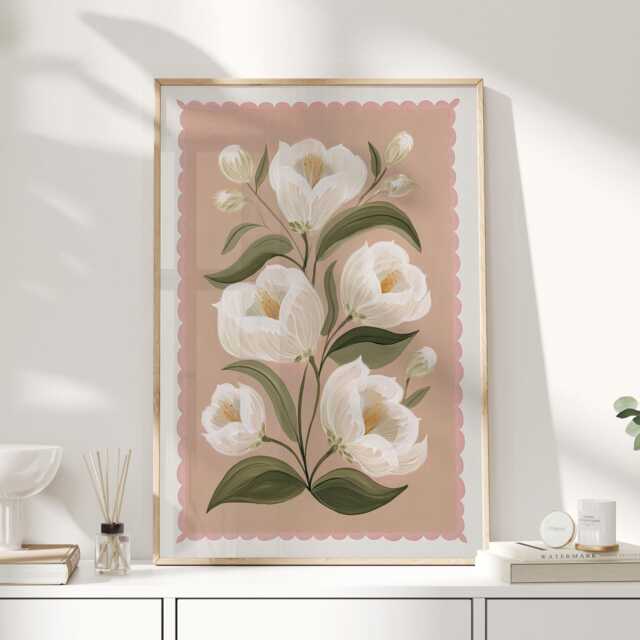 Folk Botanical Floral Wall Art Print, Cream Flower Illustration On Blush Pink, Contemporary Nature Poster For Bedroom Or Living Room - image 1