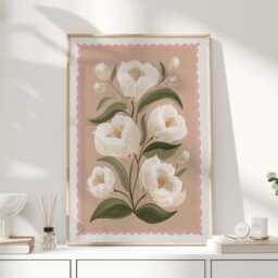 Folk Botanical Floral Wall Art Print, Cream Flower Illustration On Blush Pink, Contemporary Nature Poster For Bedroom Or Living Room - thumbnail 1
