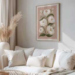 Folk Botanical Floral Wall Art Print, Cream Flower Illustration On Blush Pink, Contemporary Nature Poster For Bedroom Or Living Room - thumbnail 2