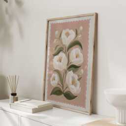 Folk Botanical Floral Wall Art Print, Cream Flower Illustration On Blush Pink, Contemporary Nature Poster For Bedroom Or Living Room - thumbnail 3