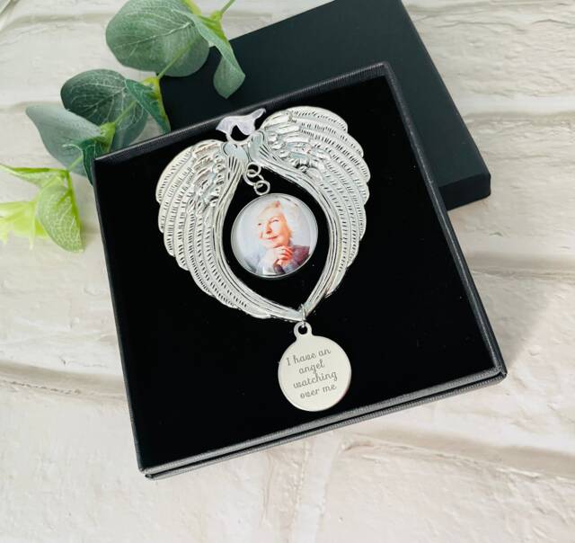 "Personalised Photo Memorial Bauble Gift, in Memory Bauble Decoration - Angel Wings Memorial Ornament ""I Have An Angel Watching Over Me" - image 1