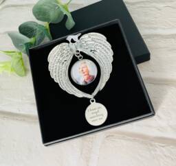 "Personalised Photo Memorial Bauble Gift, in Memory Bauble Decoration - Angel Wings Memorial Ornament ""I Have An Angel Watching Over Me" - thumbnail 1