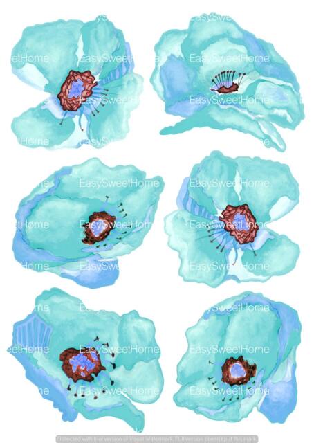Turquoise Poppy Wall Decals 6-Set, Home D??cor, Hand-Painted For Walls, Tiles & Furniture, Flower By Easysweethome - image 1