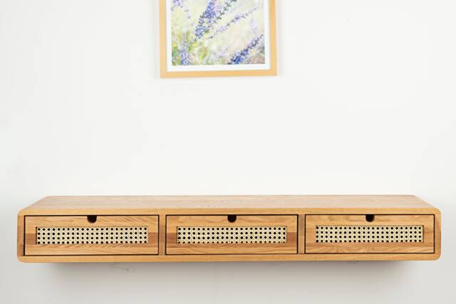 Floating Console Table With Three Rattan Drawers in Solid Oak - Modern Entryway Decor - image 1